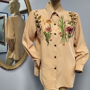 Vtg Bob Mackie Wearable Art wild flower garden embroidered blouse S